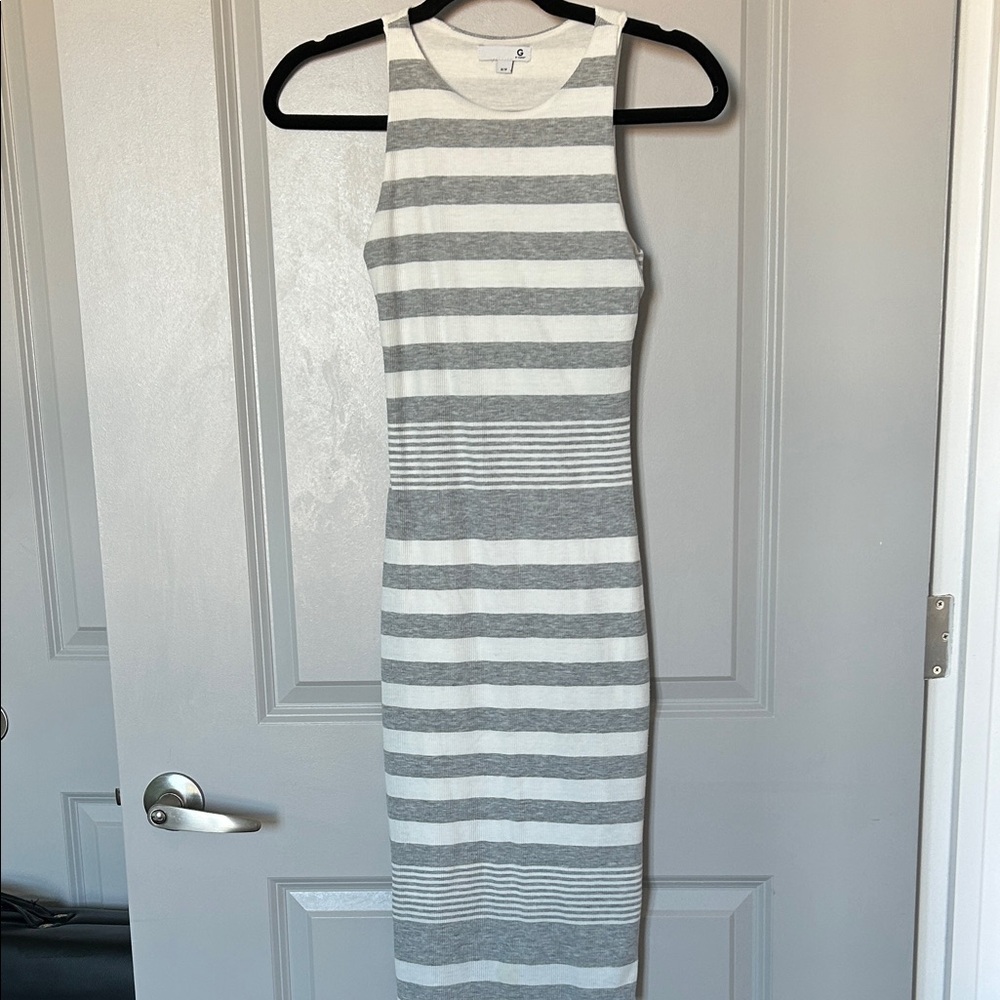 G by Guess Gray and White Striped Midi Dress
